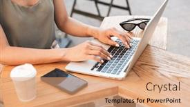  Presentation with photo - Slide set with cropped photo of caucasian woman 20s wearing summer clothes typing on silver laptop and drinking coffee while sitting in city cafe or restaurant outdoor background and a coral colored foreground