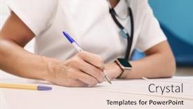  Presentation with recipe - Slide set enhanced with cropped photo of doctor writing the recipe for patient in hospital at the table background and a lemonade colored foreground