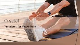  Presentation with photo - Amazing slide set having cropped photo of handsome young sportsman outdoors on the beach make exercises on sport carpet backdrop and a coral colored foreground