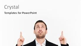  Presentation with space suit - Presentation theme consisting of cropped photo of serious entrepreneur wearing black suit looking upward and pointing index fingers up isolated over white background copy space background and a white colored foreground