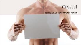  Presentation with standing strong - Beautiful PPT theme featuring cropped photo of strong handsome young sportsman standing isolated over white background and holding copyspace paper backdrop and a soft green colored foreground
