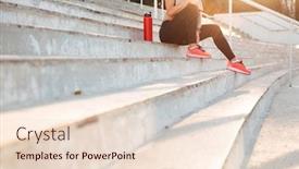  Presentation with water sports - Presentation design enhanced with cropped photo of strong young sports woman sitting on steps near bottle of water outdoors holding towel background and a lemonade colored foreground