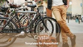  Presentation with leather bag - PPT theme with cropped photo of stylish adult man in casual wear with leather bag standing on city street near bicycle parking background and a coral colored foreground