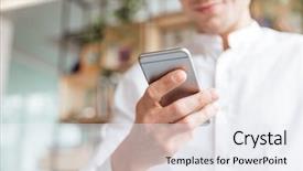  Presentation with coworking - Theme featuring cropped photo of young man dressed in white shirt using mobile phone coworking background and a sky blue colored foreground