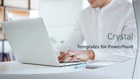  Presentation with coworking - Audience pleasing PPT theme consisting of cropped photo of young man dressed in white shirt using laptop computer coworking backdrop and a sky blue colored foreground