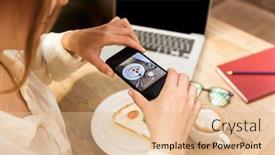  Presentation with cell - Presentation theme enhanced with cropped photo of young woman wearing hat photographing food on cell phone while sitting in stylish cafe background and a lemonade colored foreground