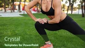  Presentation with standing strong - Colorful presentation design enhanced with cropped picture of amazing strong young sports woman standing outdoors make sports exercises backdrop and a tawny brown colored foreground