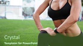  Presentation with standing strong - Presentation theme having cropped picture of amazing strong young sports woman standing outdoors make sports exercises background and a tawny brown colored foreground