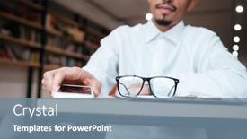  Presentation with coworking - PPT theme consisting of cropped picture of attractive african businessman sitting at the table holding phone coworking background and a seafoam green colored foreground