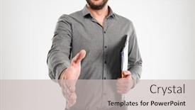  Presentation with give - Presentation featuring cropped picture of cheerful businessman standing isolated over white background looking camera give you a hand for handshake background and a light gray colored foreground