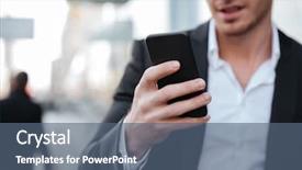  Presentation with walking - PPT theme having cropped picture of happy young businessman walking near business center chatting by phone background and a ocean colored foreground