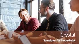  Presentation with coworking - Presentation consisting of cropped picture of young happy colleagues sitting in office and coworking background and a tawny brown colored foreground