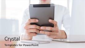  Presentation with coworking - Slide deck enhanced with cropped picture of young man dressed in white shirt using tablet computer coworking background and a coral colored foreground