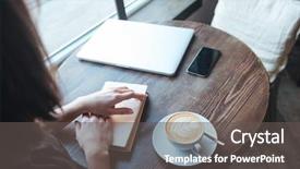  Presentation with reading table - PPT theme enhanced with cropped picture of young woman sitting at the table in cafe and reading book background and a dark gray colored foreground