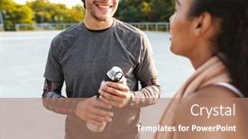 Presentation with water sports - PPT theme featuring cropped portrait of a happy young strong sports woman and man holding towel and water talking with each other outdoors background and a coral colored foreground