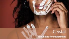  Presentation with hand print - PPT theme with cropped portrait of an attractive young african woman with white hand print on her face and neck standing isolated over red background posing background and a coral colored foreground