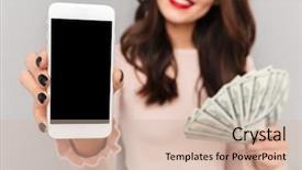  Presentation with money online - Cool new slide deck with cropped portrait of brunette female backdrop and a soft green colored foreground