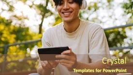  Presentation with headphones - PPT theme with cropped-portrait-of-young-handsome background and a tawny brown colored foreground