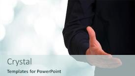  Presentation with hand shake - PPT theme enhanced with cropped view of business man extending hand to shake background and a sky blue colored foreground