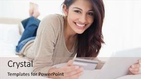  Presentation with credit card fraud - Presentation design enhanced with cross 19 - smiling woman holding her credit background and a coral colored foreground