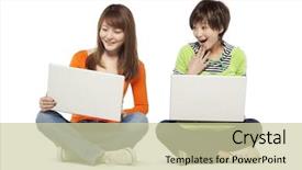  Presentation with laptop computers around the world - Beautiful theme featuring cross 19 - two friends using laptop computers backdrop and a soft green colored foreground