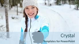  Presentation with tracks - Beautiful PPT theme featuring cross-country skiing woman doing backdrop and a sky blue colored foreground