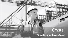  Presentation with shipping - Colorful PPT layouts enhanced with cross docking - confident female engineer in shipping backdrop and a  colored foreground