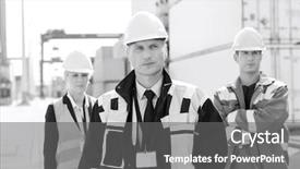  Presentation with shipping container grain - Beautiful theme featuring cross docking - confident workers standing in shipping backdrop and a  colored foreground