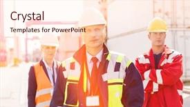  Presentation with shipping container grain - PPT layouts featuring cross docking - confident workers standing in shipping background and a  colored foreground