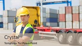  Presentation with shipping - Slide set consisting of cross docking - portrait of confident mid adult background and a soft green colored foreground