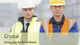  Presentation with worker - Amazing PPT theme having cross docking - portrait of confident worker standing backdrop and a  colored foreground