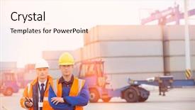  Presentation with shipping - Beautiful slide deck featuring cross docking - portrait of confident workers standing backdrop and a  colored foreground