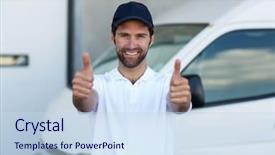  Presentation with logistics fleet of delivery vehicles - Presentation theme having cross docking - portrait of delivery man is background and a  colored foreground