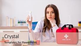  Presentation with first aid - Slide set with cross examination - female beautiful doctor with first background and a lemonade colored foreground