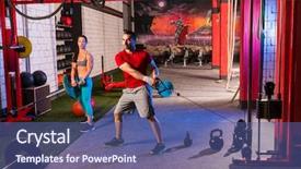  Presentation with weightlifting - Theme with cross fit - woman man gym group weightlifting background and a ocean colored foreground