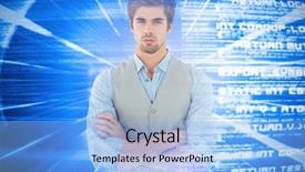  Presentation with coding - Presentation theme featuring cross matrix - confident businessman standing against wooden background and a light blue colored foreground