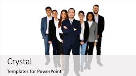  Presentation with team - Colorful slides enhanced with cross people - smiling man leading his happy backdrop and a white colored foreground