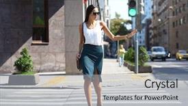  Presentation with business road map - Beautiful presentation design featuring cross roads - business woman crossing the road backdrop and a light gray colored foreground