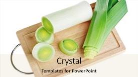  Presentation with white green - Colorful PPT theme enhanced with cross-section of green leek on wooden chopping board isolated on white backdrop and a lemonade colored foreground