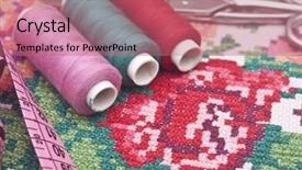  Presentation with stitch - Presentation design with cross-stitch set colorful threads and canvas background and a coral colored foreground