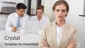  Presentation with special meeting notice - Audience pleasing PPT theme consisting of cross table - portrait of confident businesswoman backdrop and a soft green colored foreground