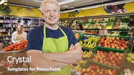  Presentation with salesman - Amazing PPT layouts having crossed by fruits in store backdrop and a coral colored foreground
