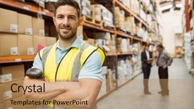  Presentation with worker - Cool new PPT theme with crossed in a large warehouse backdrop and a coral colored foreground