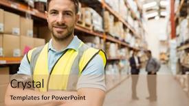  Presentation with worker - Theme having crossed in a large warehouse background and a coral colored foreground