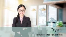  Presentation with asian - Slide set consisting of crossed standing in her chain background and a light blue colored foreground