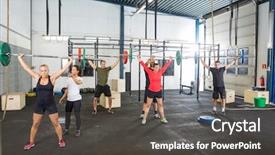  Presentation with athletes - Beautiful presentation theme featuring crossfit instructors assisting athletes backdrop and a dark gray colored foreground
