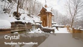  Presentation with old style - PPT theme consisting of crossing creek - wooden old-style structure and fountain background and a tawny brown colored foreground