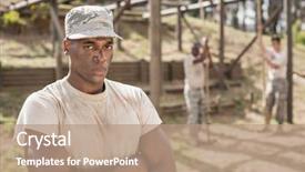  Presentation with obstacle course - PPT layouts with crossing guard - portrait of military man standing background and a coral colored foreground