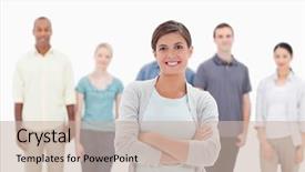  Presentation with people - Amazing slide deck having crossing her arms with people backdrop and a  colored foreground
