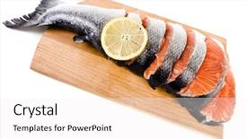  Presentation with wood board - Amazing theme having crossing red sea - fresh salmon on a cutting backdrop and a white colored foreground